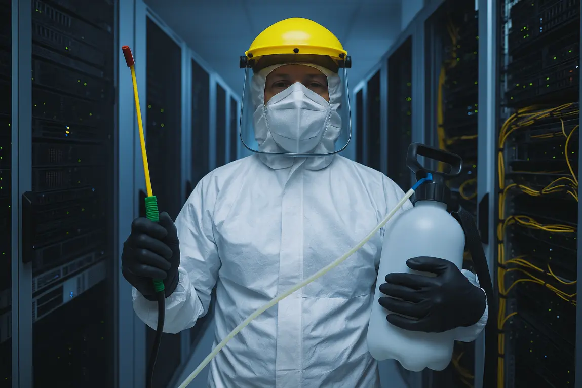 Un operario de limpieza se dispone a desinfectar un CPD
