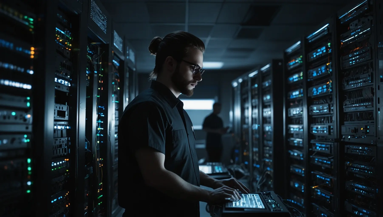 Un técnico configura un servidor en una sala de ordenadores
