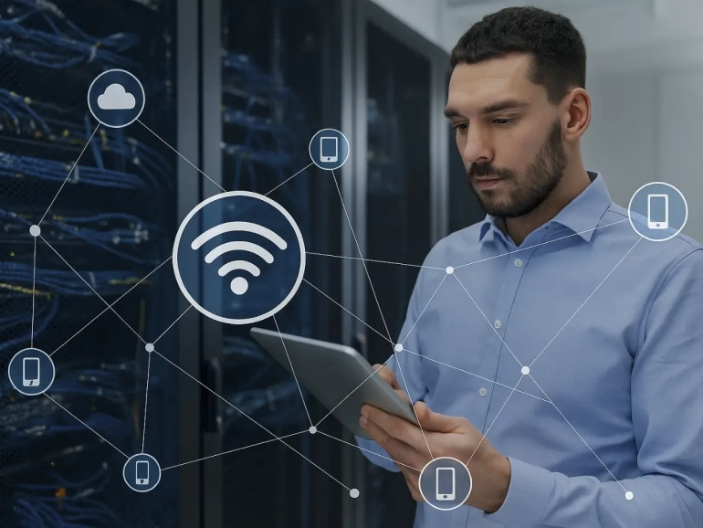 Técnico revisando una red WiFi en un centro de datos, rodeado de iconos conectados que representan dispositivos móviles y servicios en la nube.