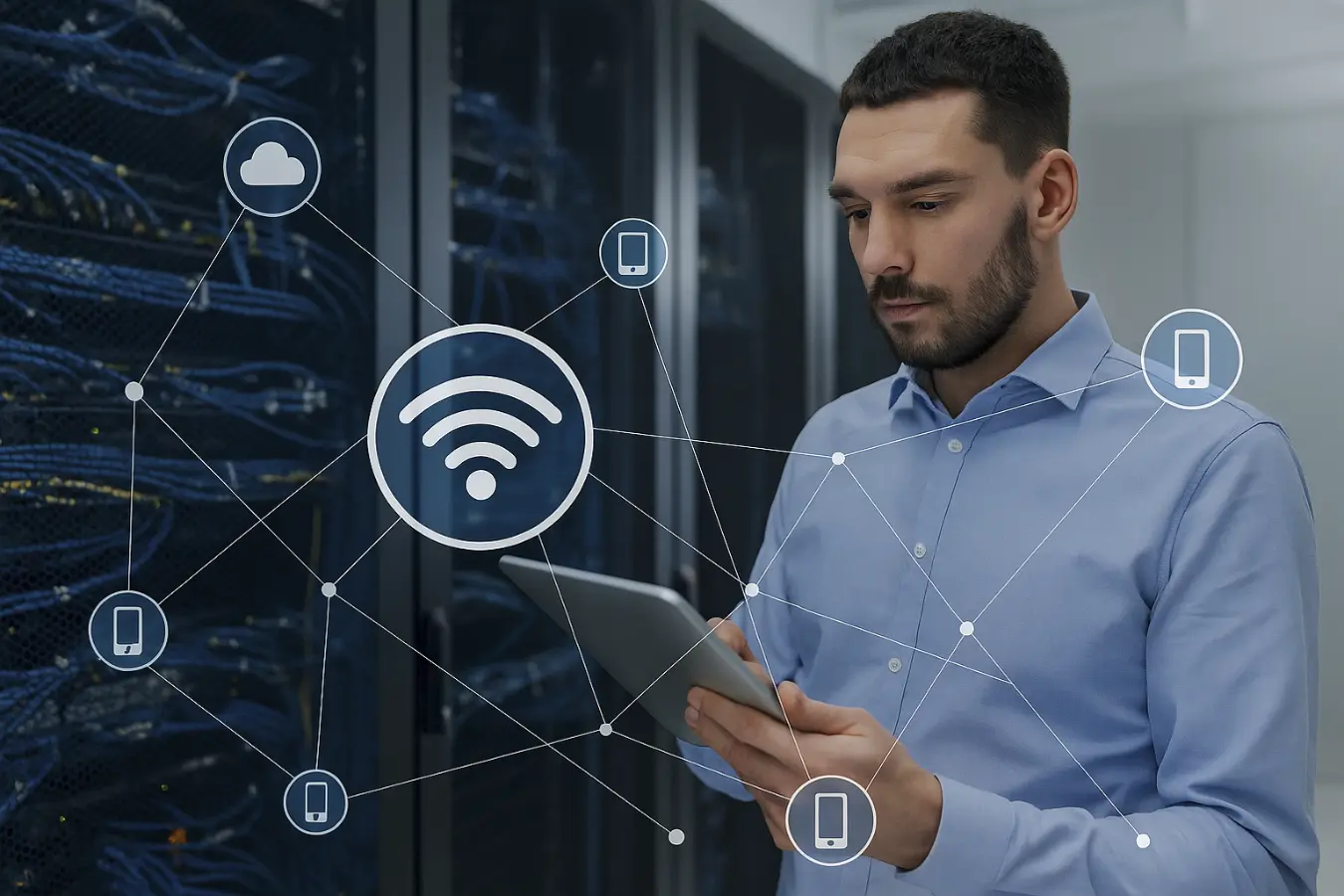 Técnico revisando una red WiFi en un centro de datos, rodeado de iconos conectados que representan dispositivos móviles y servicios en la nube.